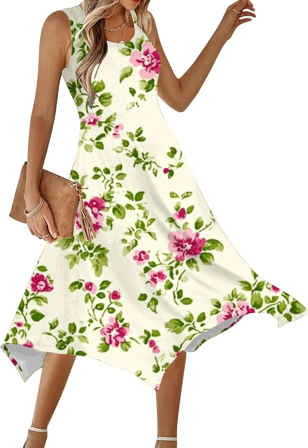 Summer Boho Dress for Womens Fashion Pleated Sleeveless A-Line Mini Dresses Crewneck Loose Casual Ruffle Sundress