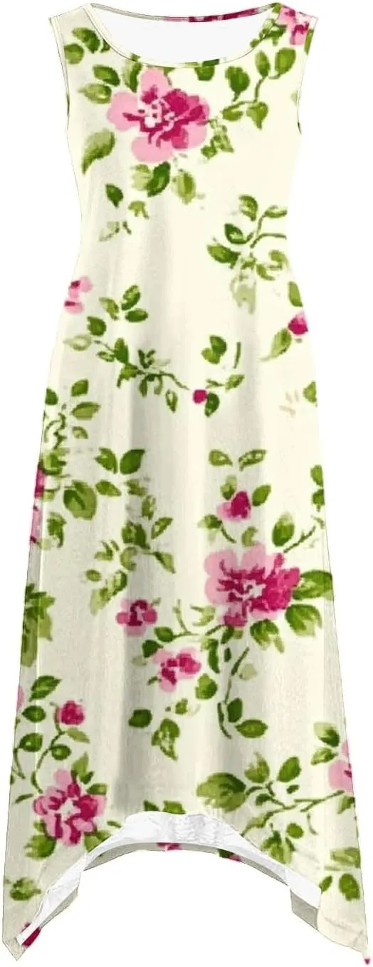 Summer Boho Dress for Womens Fashion Pleated Sleeveless A-Line Mini Dresses Crewneck Loose Casual Ruffle Sundress