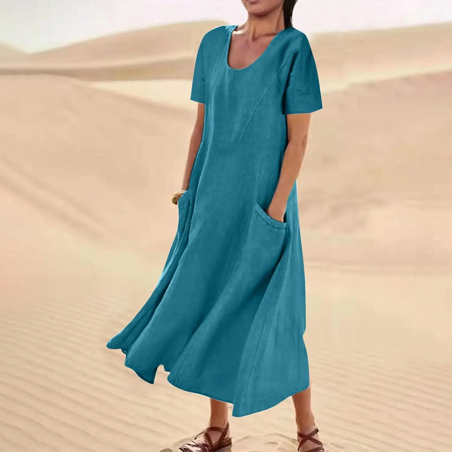 Summer Dresses for Women 2025 Vacation Trendy Short Sleeve Crew Neck Sundress Loose Flowy Beach Linen Maxi Dress