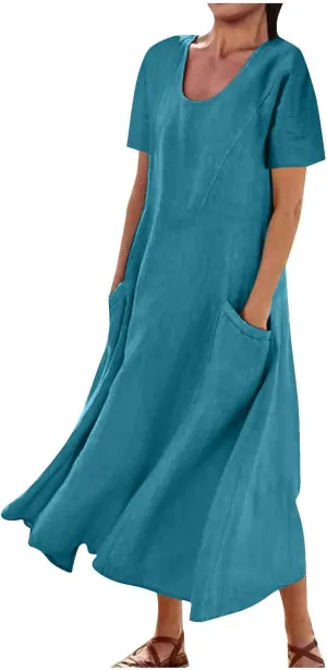 Summer Dresses for Women 2025 Vacation Trendy Short Sleeve Crew Neck Sundress Loose Flowy Beach Linen Maxi Dress