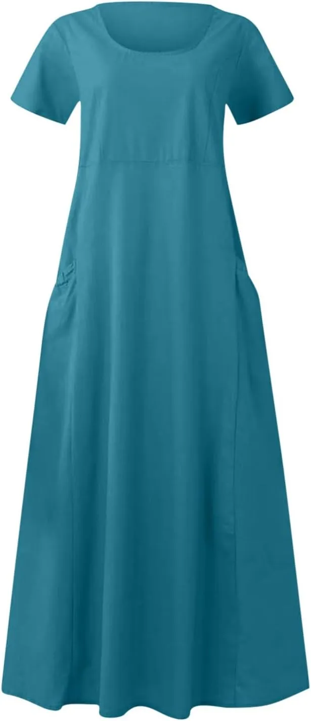 Summer Dresses for Women 2025 Vacation Trendy Short Sleeve Crew Neck Sundress Loose Flowy Beach Linen Maxi Dress