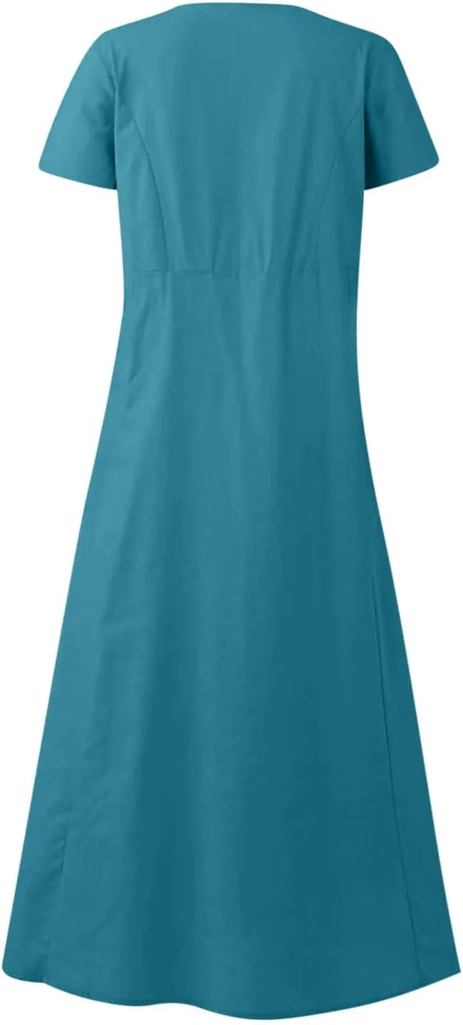 Summer Dresses for Women 2025 Vacation Trendy Short Sleeve Crew Neck Sundress Loose Flowy Beach Linen Maxi Dress