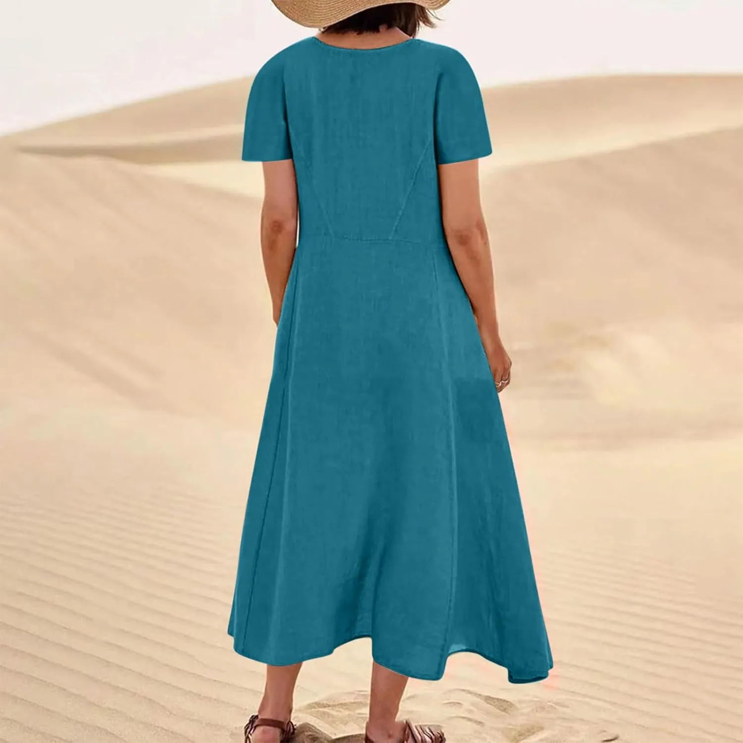 Summer Dresses for Women 2025 Vacation Trendy Short Sleeve Crew Neck Sundress Loose Flowy Beach Linen Maxi Dress