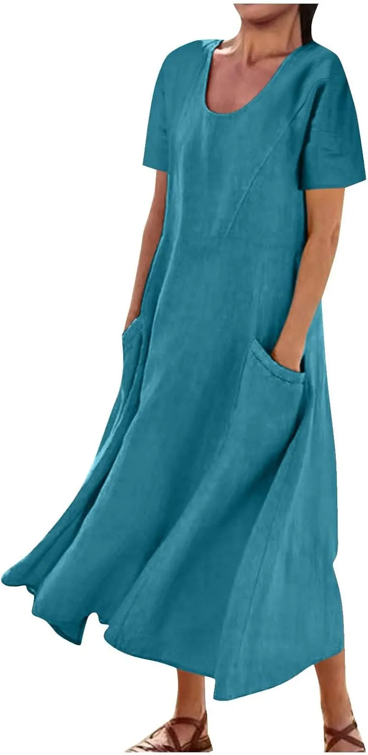 Summer Dresses for Women 2025 Vacation Trendy Short Sleeve Crew Neck Sundress Loose Flowy Beach Linen Maxi Dress