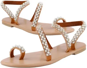Summer Flat Slide Sandals for Women,Clip Toe Rhinestones Pearls Strap Wide Width Bling Slides Ladies Comfy Cushion Footed Slip On Slippers Dressy Shoes for Wedding Bridal Evening Cocktail