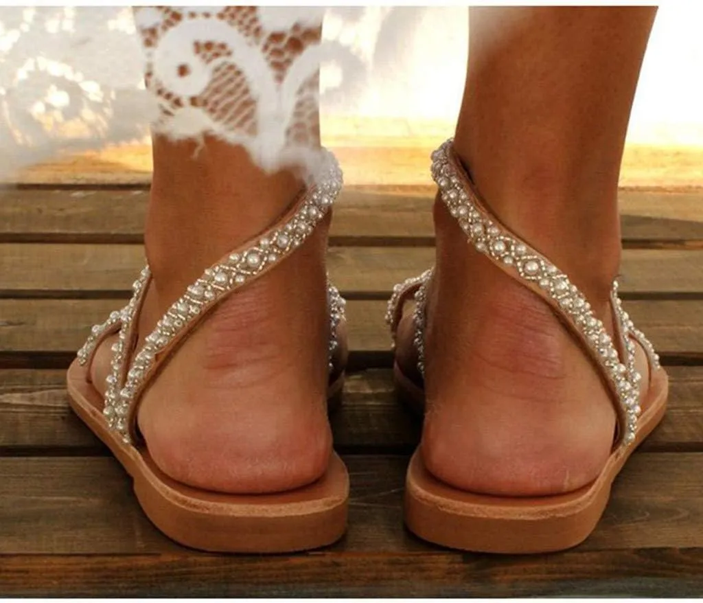 Summer Flat Slide Sandals for Women,Clip Toe Rhinestones Pearls Strap Wide Width Bling Slides Ladies Comfy Cushion Footed Slip On Slippers Dressy Shoes for Wedding Bridal Evening Cocktail