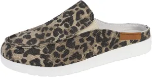 Summer Slip-On Flats Shoes for Womens Backless Walking Mule Sandals Closed Toe Slippers Casual Canvas Loafer (Leopard Print,8.5)