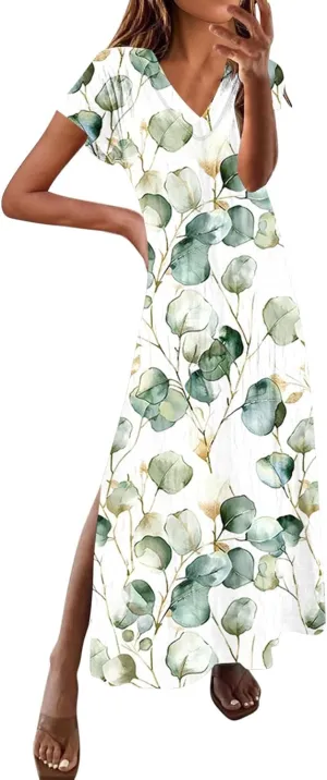 Summer V-Neck Pleated Dresses for Women Side Slit Floral Print Short Sleeve Boho Dress Holiday Clothes