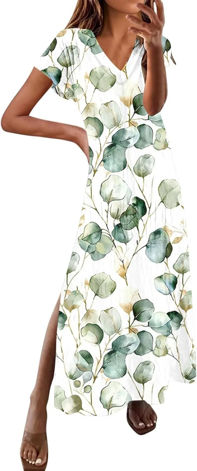 Summer V-Neck Pleated Dresses for Women Side Slit Floral Print Short Sleeve Boho Dress Holiday Clothes