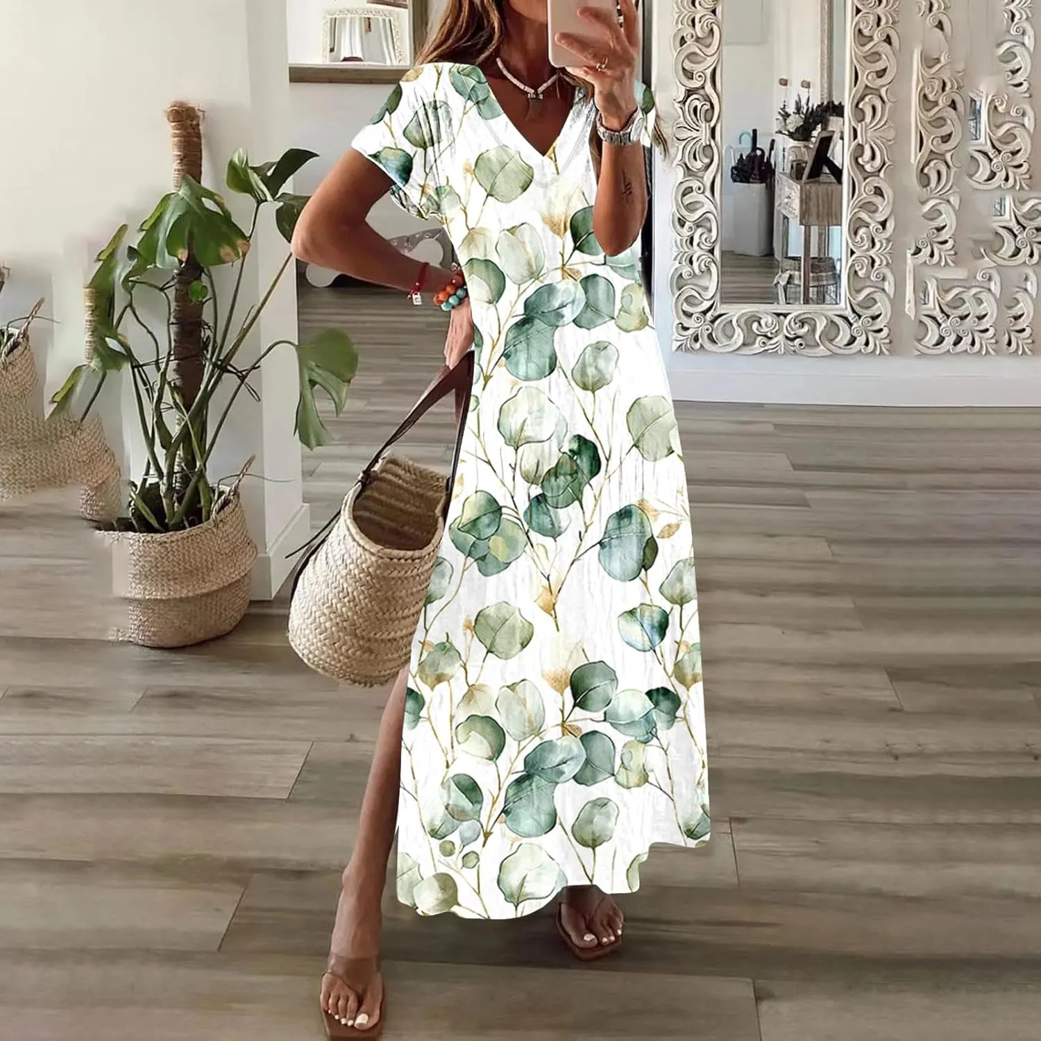 Summer V-Neck Pleated Dresses for Women Side Slit Floral Print Short Sleeve Boho Dress Holiday Clothes