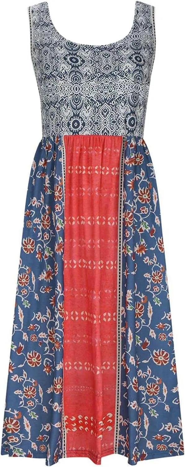 Summer Women Fashion Sundress Floral Printed Sleeveless Pleated Boho Dresses Casual Sexy Round Neck Beach Dress