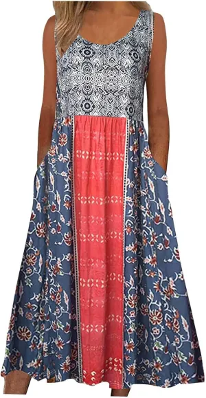 Summer Women Fashion Sundress Floral Printed Sleeveless Pleated Boho Dresses Casual Sexy Round Neck Beach Dress