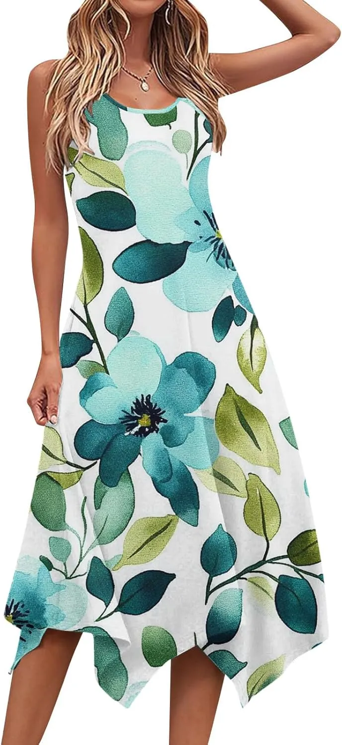 Summer Womens Sleeveless Dress Casual Loose Comfy Floral Print Round Neck Ruffle Hem A-Line Beach Dresses