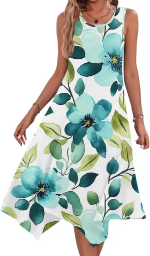 Summer Womens Sleeveless Dress Casual Loose Comfy Floral Print Round Neck Ruffle Hem A-Line Beach Dresses