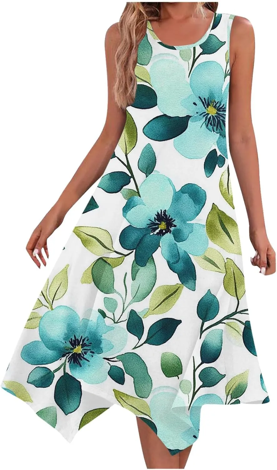 Summer Womens Sleeveless Dress Casual Loose Comfy Floral Print Round Neck Ruffle Hem A-Line Beach Dresses