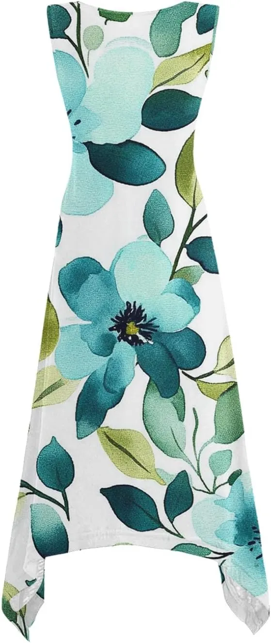 Summer Womens Sleeveless Dress Casual Loose Comfy Floral Print Round Neck Ruffle Hem A-Line Beach Dresses