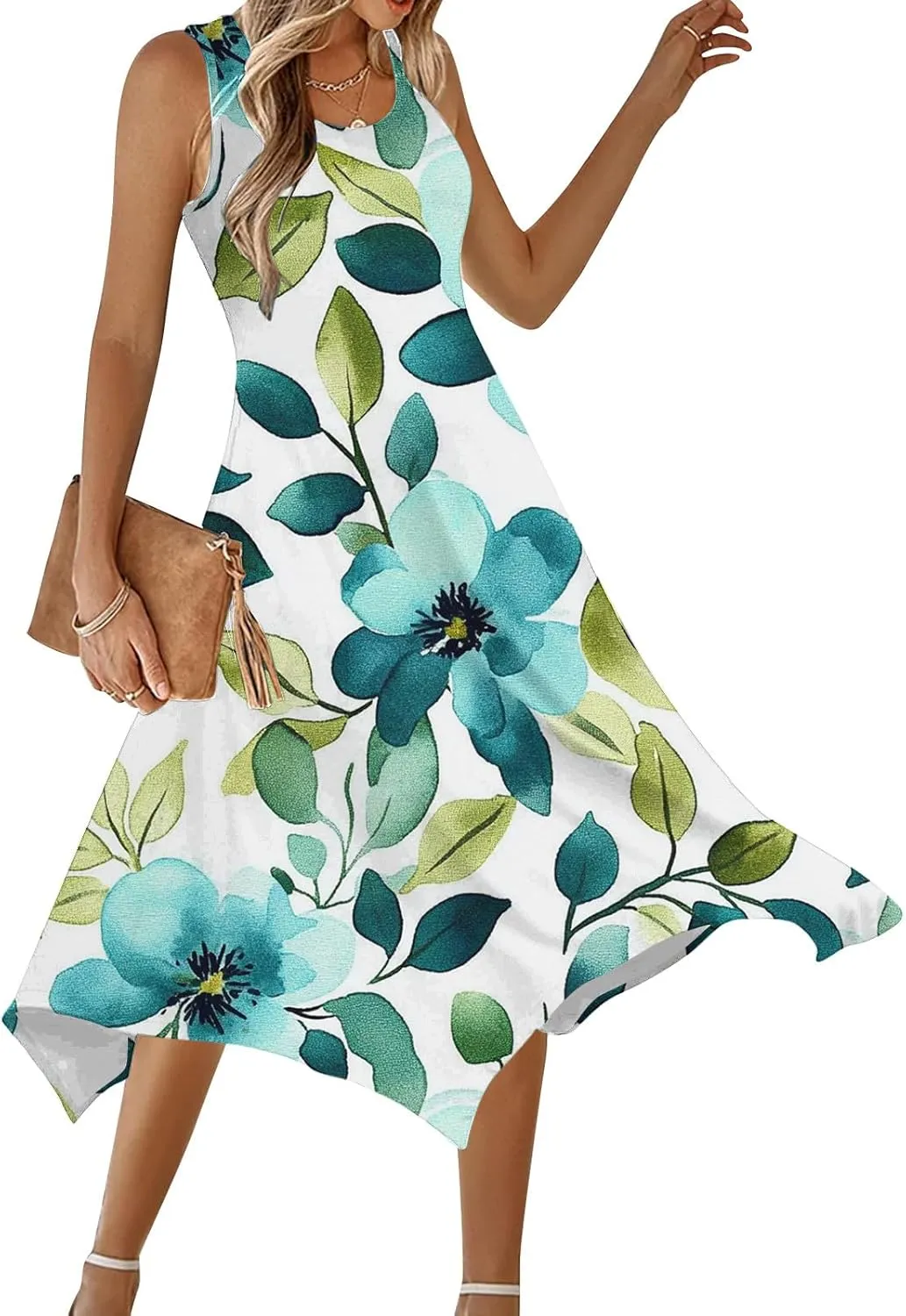 Summer Womens Sleeveless Dress Casual Loose Comfy Floral Print Round Neck Ruffle Hem A-Line Beach Dresses