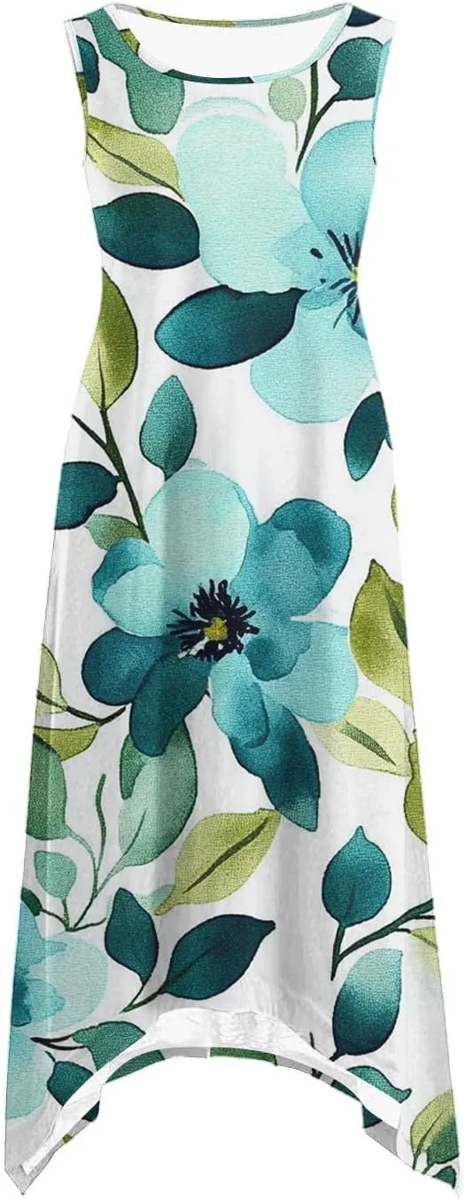 Summer Womens Sleeveless Dress Casual Loose Comfy Floral Print Round Neck Ruffle Hem A-Line Beach Dresses