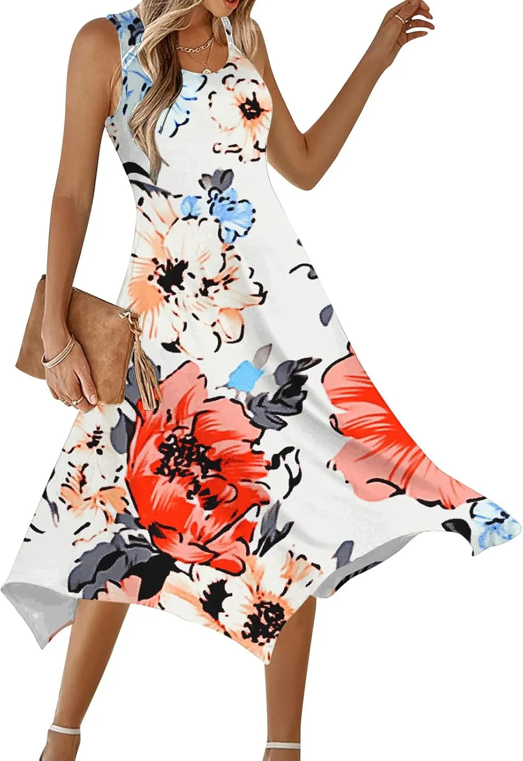 Summer Womens Sleeveless Dress Casual Loose Soft Floral Print Round Neck Ruffle A-Line Beach Holiday Dresses
