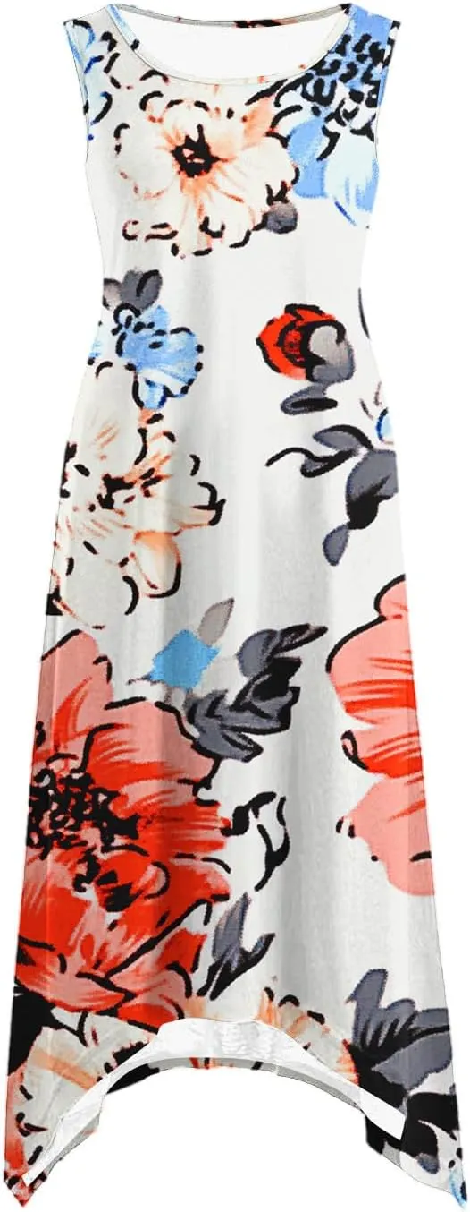 Summer Womens Sleeveless Dress Casual Loose Soft Floral Print Round Neck Ruffle A-Line Beach Holiday Dresses