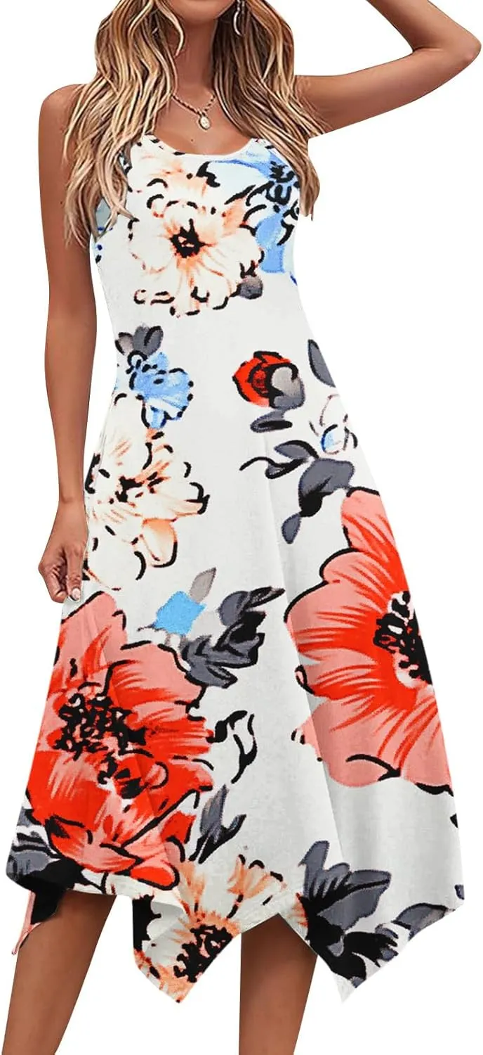 Summer Womens Sleeveless Dress Casual Loose Soft Floral Print Round Neck Ruffle A-Line Beach Holiday Dresses