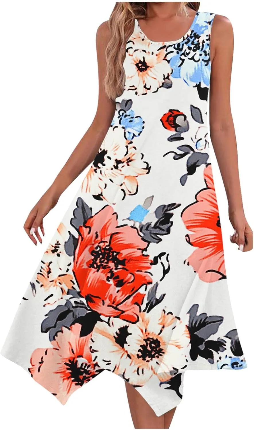 Summer Womens Sleeveless Dress Casual Loose Soft Floral Print Round Neck Ruffle A-Line Beach Holiday Dresses