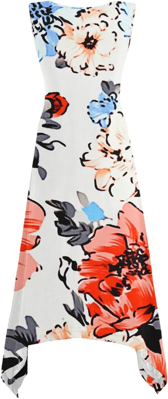 Summer Womens Sleeveless Dress Casual Loose Soft Floral Print Round Neck Ruffle A-Line Beach Holiday Dresses