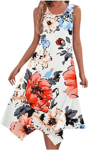 Summer Womens Sleeveless Dress Casual Loose Soft Floral Print Round Neck Ruffle A-Line Beach Holiday Dresses