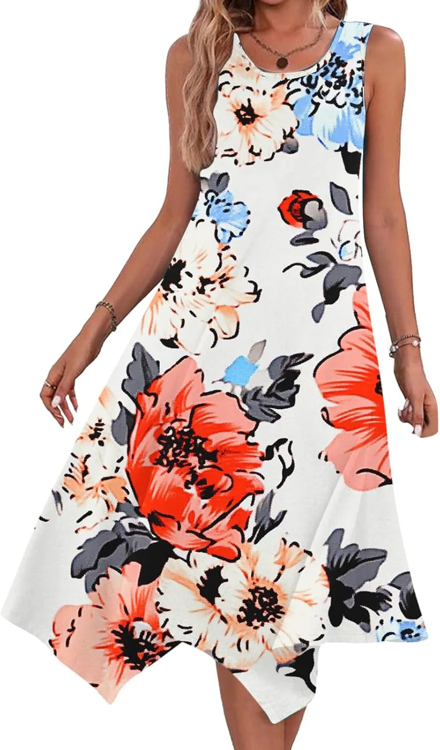 Summer Womens Sleeveless Dress Casual Loose Soft Floral Print Round Neck Ruffle A-Line Beach Holiday Dresses