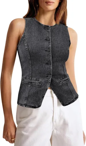 Tankaneo Womens Button Down Denim Vest Tops Sleeveless Fitted Jean Tank Tops Summer Trendy Casual Waistcoat