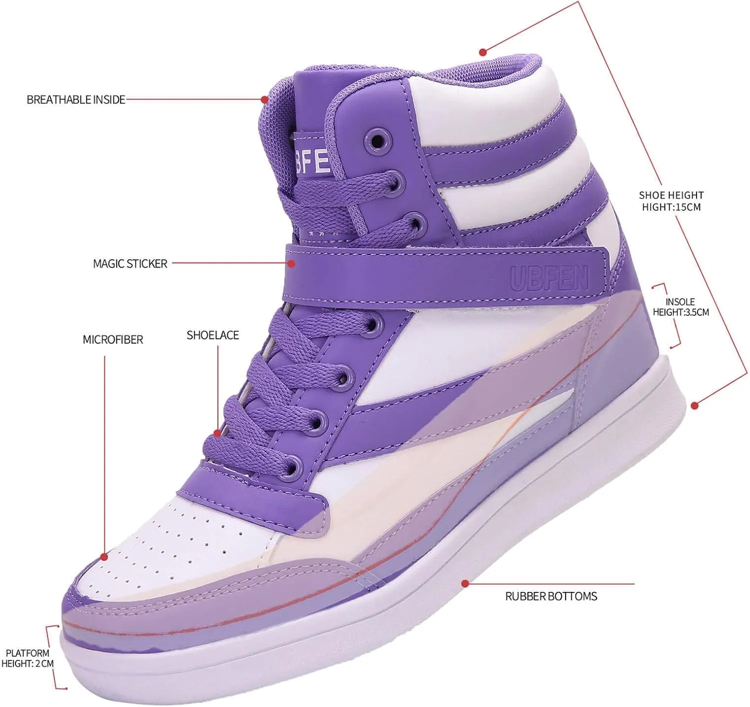 UBFEN Womens High Top Ankle Support Sneakers Vibrant Colour Hidden Wedge Heel Retro 80s Tennis Shoes for Girls Cosplay Removable Insole Backpacking Boots