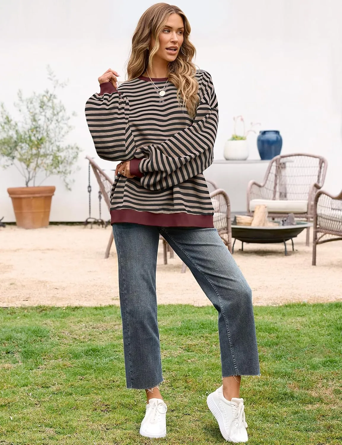 UEU Women Oversized Striped Crewneck Sweatshirt Long Sleeve Color Block Pullover Tops Casual Loose Workout Shirt