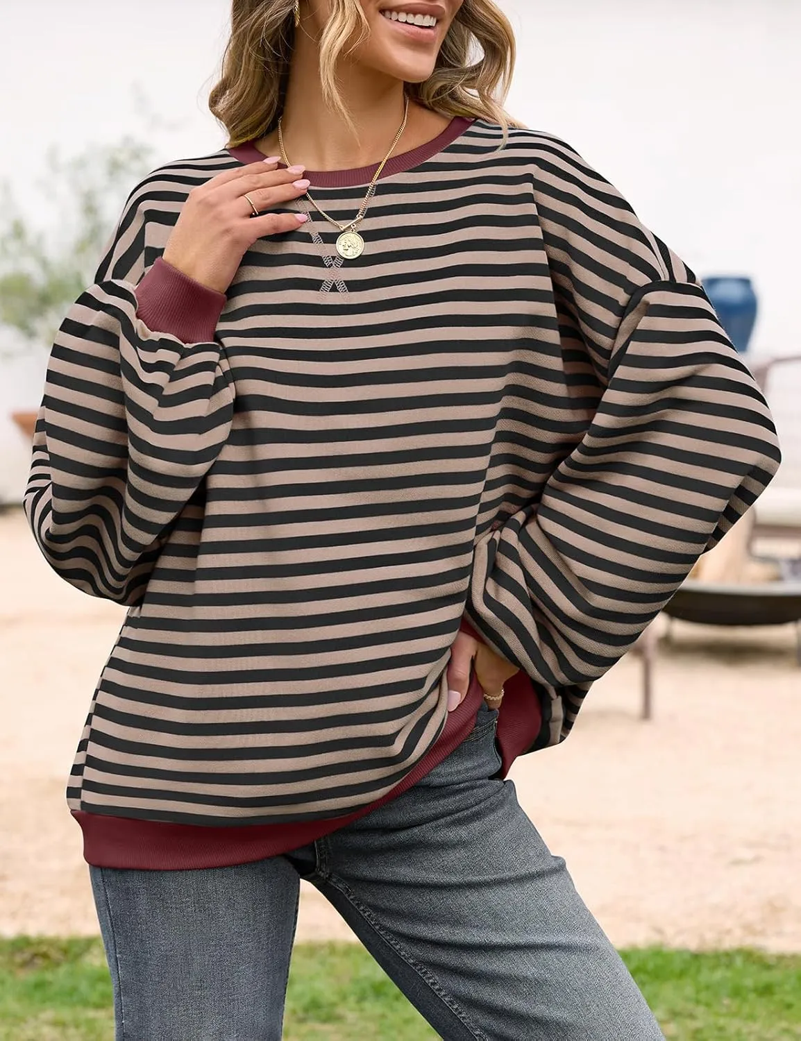 UEU Women Oversized Striped Crewneck Sweatshirt Long Sleeve Color Block Pullover Tops Casual Loose Workout Shirt