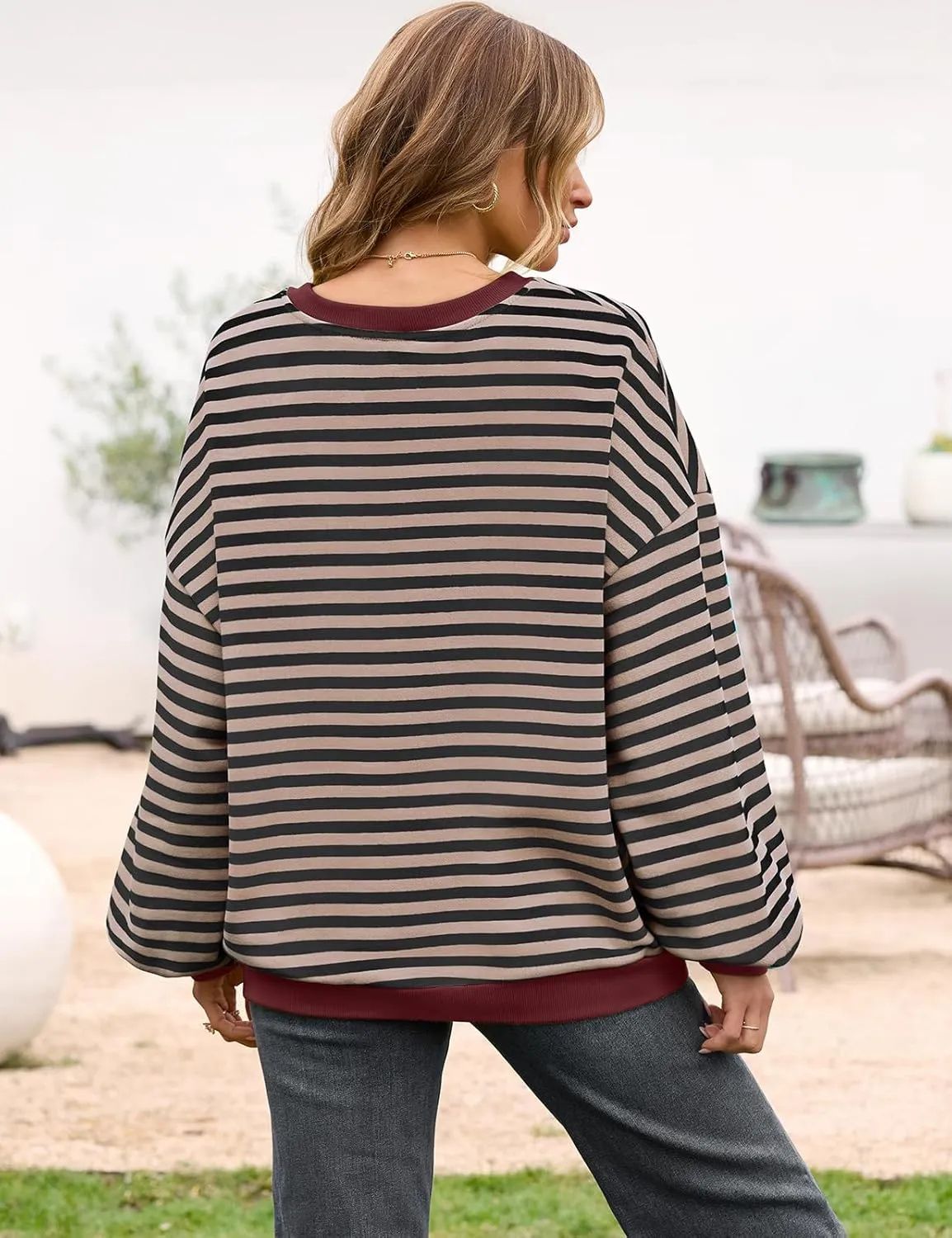 UEU Women Oversized Striped Crewneck Sweatshirt Long Sleeve Color Block Pullover Tops Casual Loose Workout Shirt