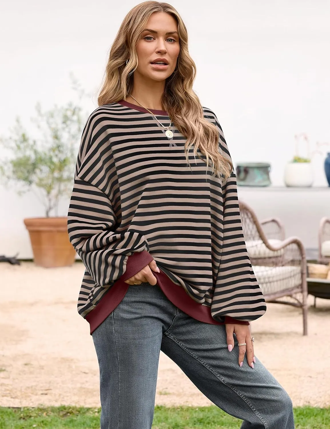 UEU Women Oversized Striped Crewneck Sweatshirt Long Sleeve Color Block Pullover Tops Casual Loose Workout Shirt