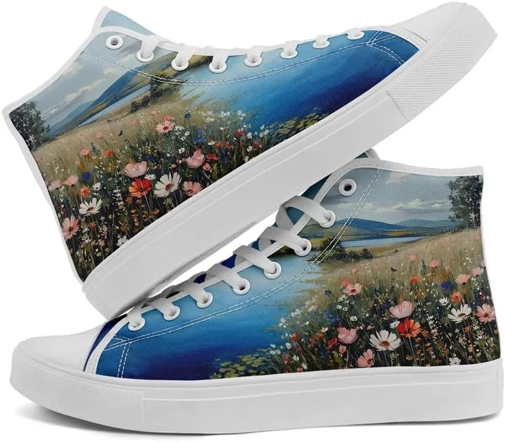 Unisex Fashion High Top Canvas Sneakers Lace-Up Floral Casual Shoes Breathable Walking Tennis Shoes Spring Summer Wear