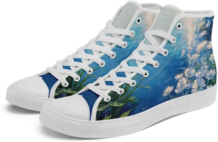 Unisex Fashion High Top Canvas Sneakers Lace-Up Floral Casual Shoes Breathable Walking Tennis Shoes Spring Summer Wear