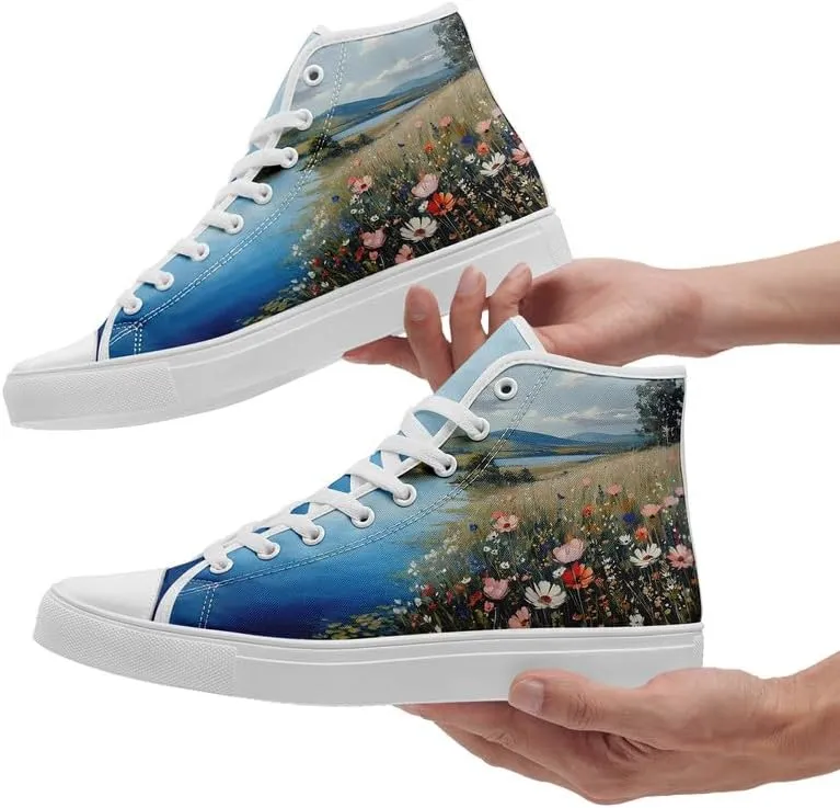Unisex Fashion High Top Canvas Sneakers Lace-Up Floral Casual Shoes Breathable Walking Tennis Shoes Spring Summer Wear