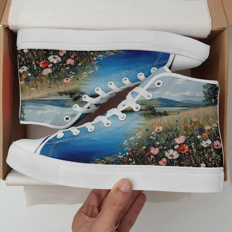 Unisex Fashion High Top Canvas Sneakers Lace-Up Floral Casual Shoes Breathable Walking Tennis Shoes Spring Summer Wear