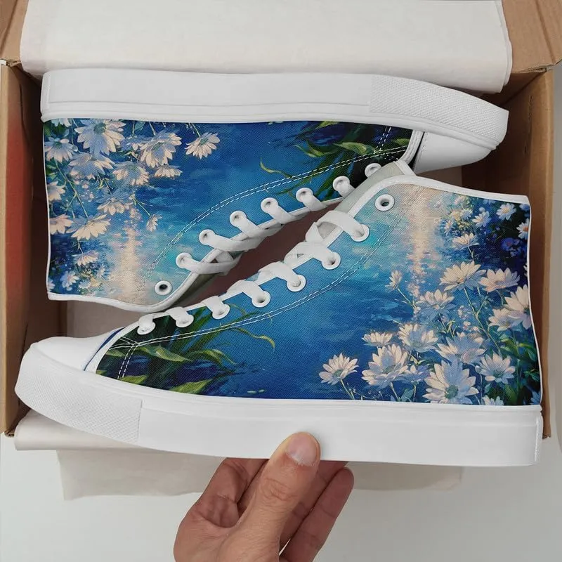 Unisex Fashion High Top Canvas Sneakers Lace-Up Floral Casual Shoes Breathable Walking Tennis Shoes Spring Summer Wear