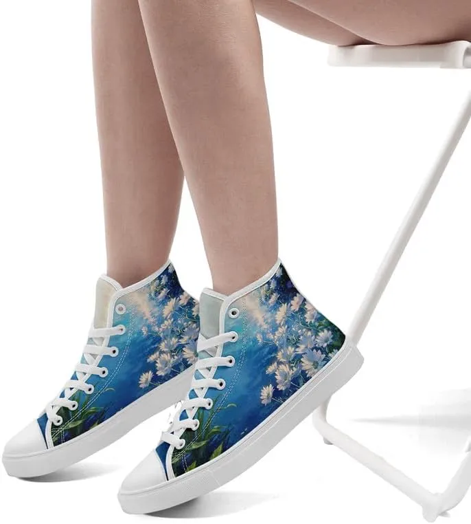 Unisex Fashion High Top Canvas Sneakers Lace-Up Floral Casual Shoes Breathable Walking Tennis Shoes Spring Summer Wear