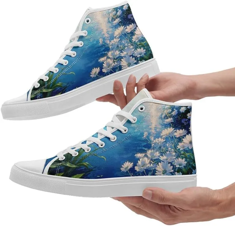Unisex Fashion High Top Canvas Sneakers Lace-Up Floral Casual Shoes Breathable Walking Tennis Shoes Spring Summer Wear