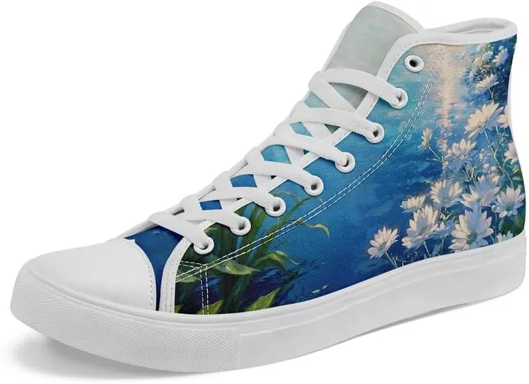 Unisex Fashion High Top Canvas Sneakers Lace-Up Floral Casual Shoes Breathable Walking Tennis Shoes Spring Summer Wear