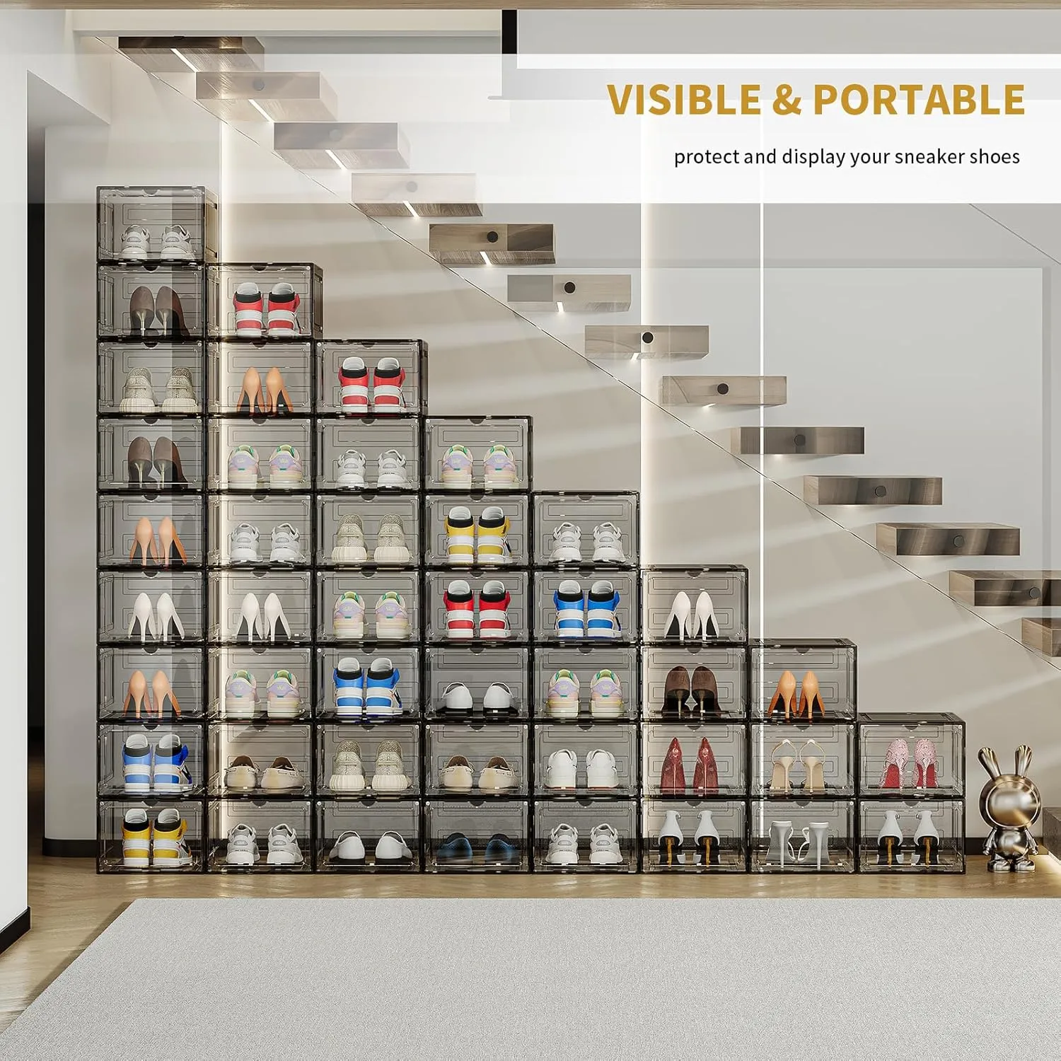 Upgraded Thickened Sturdy Large Shoe Boxes Clear Plastic Stackable 9 Pack Shoe Storage Organizer for Closet/Entryway, Drop front Shoe Box with Magnetic Door, Shoe Display Case, Fit up to US size 14