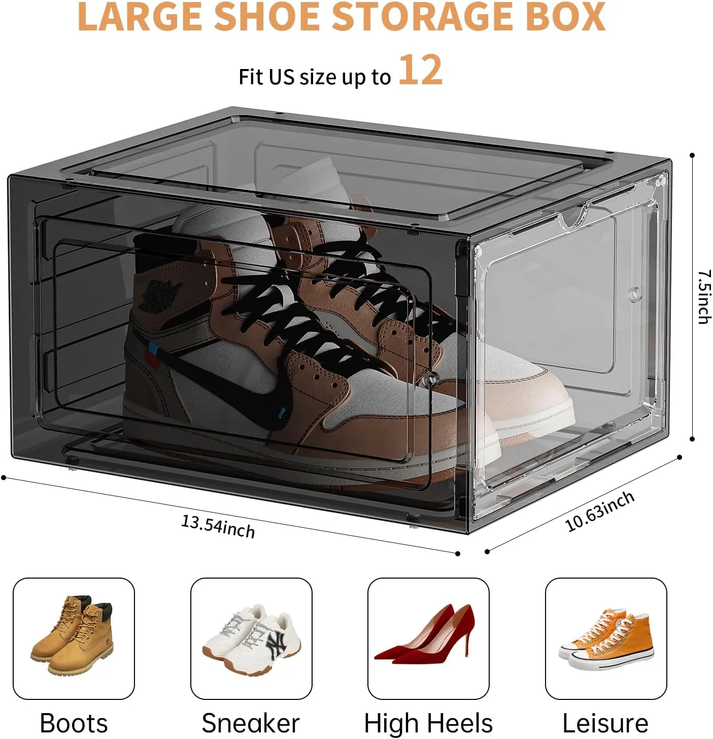 Upgraded Thickened Sturdy Large Shoe Boxes Clear Plastic Stackable 9 Pack Shoe Storage Organizer for Closet/Entryway, Drop front Shoe Box with Magnetic Door, Shoe Display Case, Fit up to US size 14