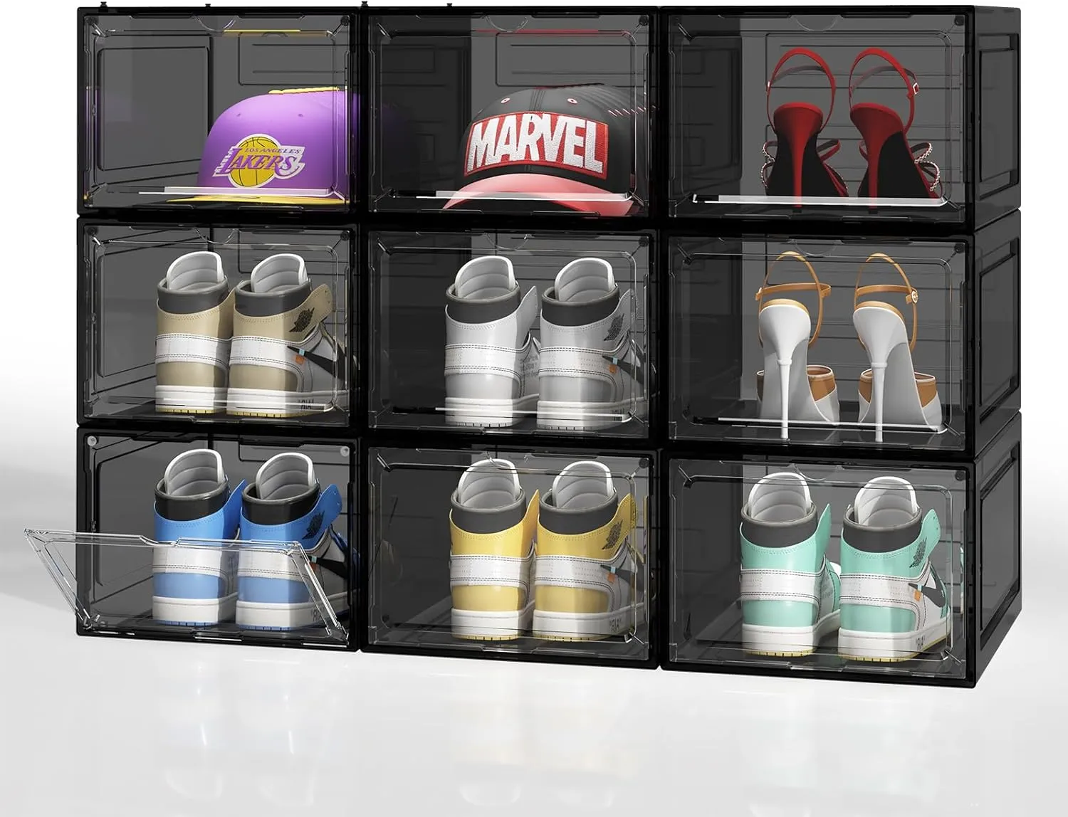 Upgraded Thickened Sturdy Large Shoe Boxes Clear Plastic Stackable 9 Pack Shoe Storage Organizer for Closet/Entryway, Drop front Shoe Box with Magnetic Door, Shoe Display Case, Fit up to US size 14