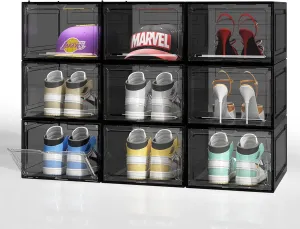 Upgraded Thickened Sturdy Large Shoe Boxes Clear Plastic Stackable 9 Pack Shoe Storage Organizer for Closet/Entryway, Drop front Shoe Box with Magnetic Door, Shoe Display Case, Fit up to US size 14