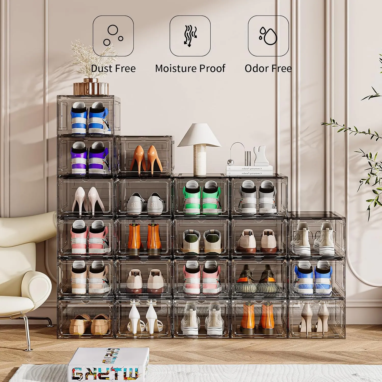 Upgraded Thickened Sturdy Large Shoe Boxes Clear Plastic Stackable 9 Pack Shoe Storage Organizer for Closet/Entryway, Drop front Shoe Box with Magnetic Door, Shoe Display Case, Fit up to US size 14
