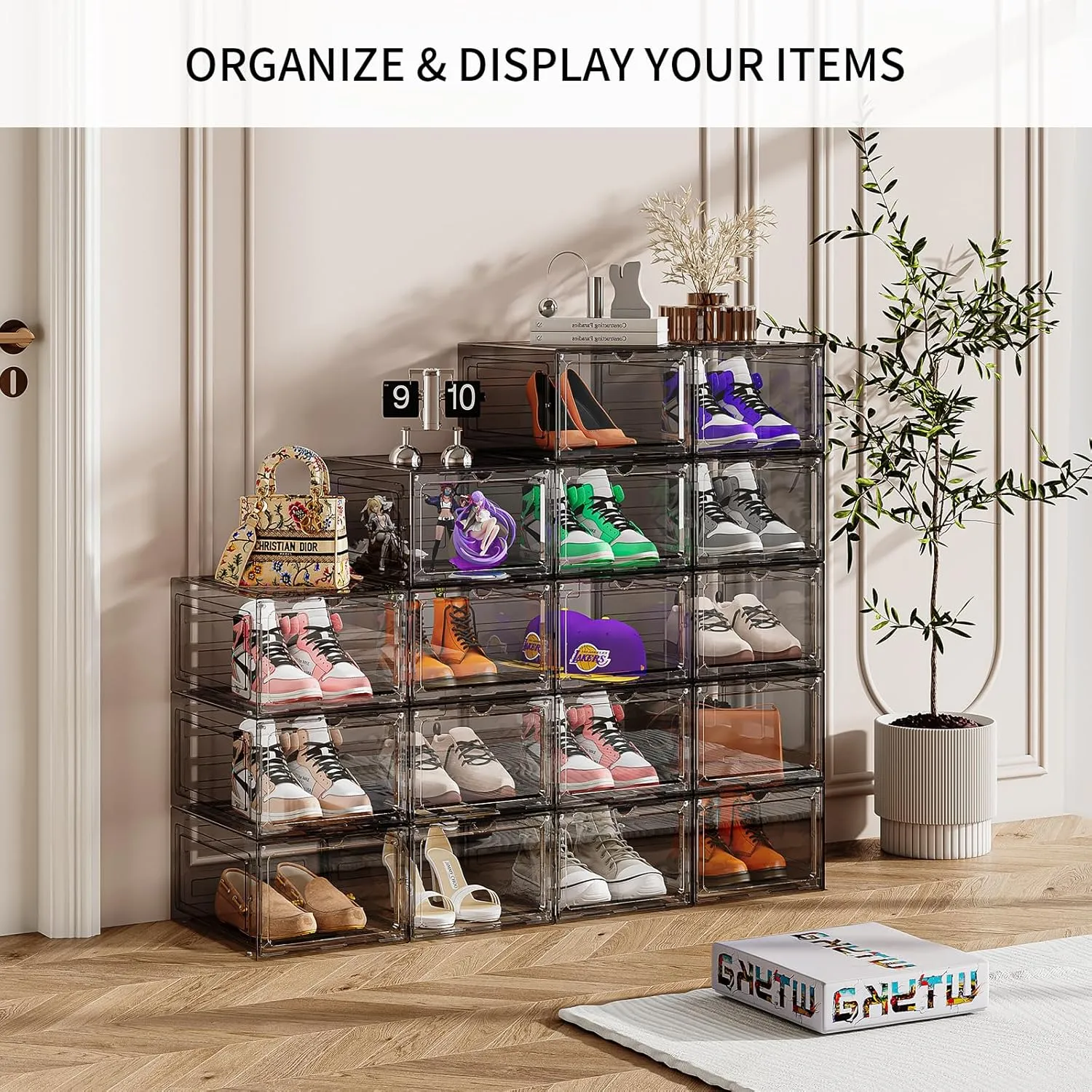 Upgraded Thickened Sturdy Large Shoe Boxes Clear Plastic Stackable 9 Pack Shoe Storage Organizer for Closet/Entryway, Drop front Shoe Box with Magnetic Door, Shoe Display Case, Fit up to US size 14