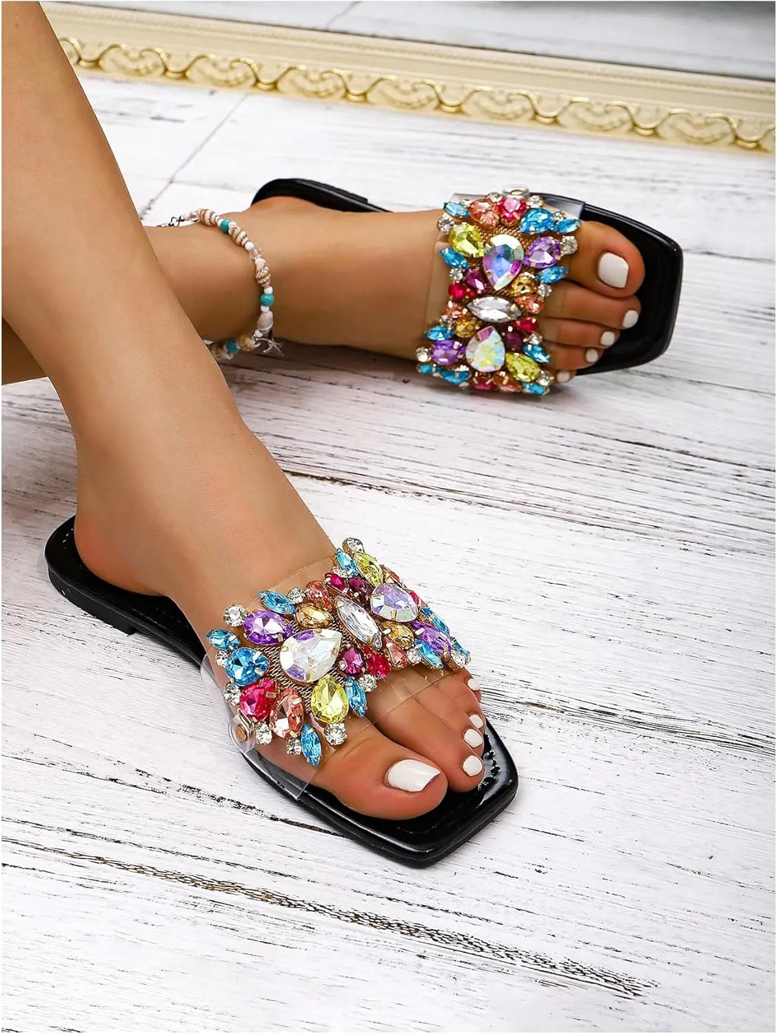 Verdusa Women's Rhinestone Clear Flat Sandals Square Toe Slides Sparkle Transparent Sandals